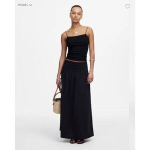 Madewell Smocked Waist Poplin Midi Skirt Jet Black Size M #NU637